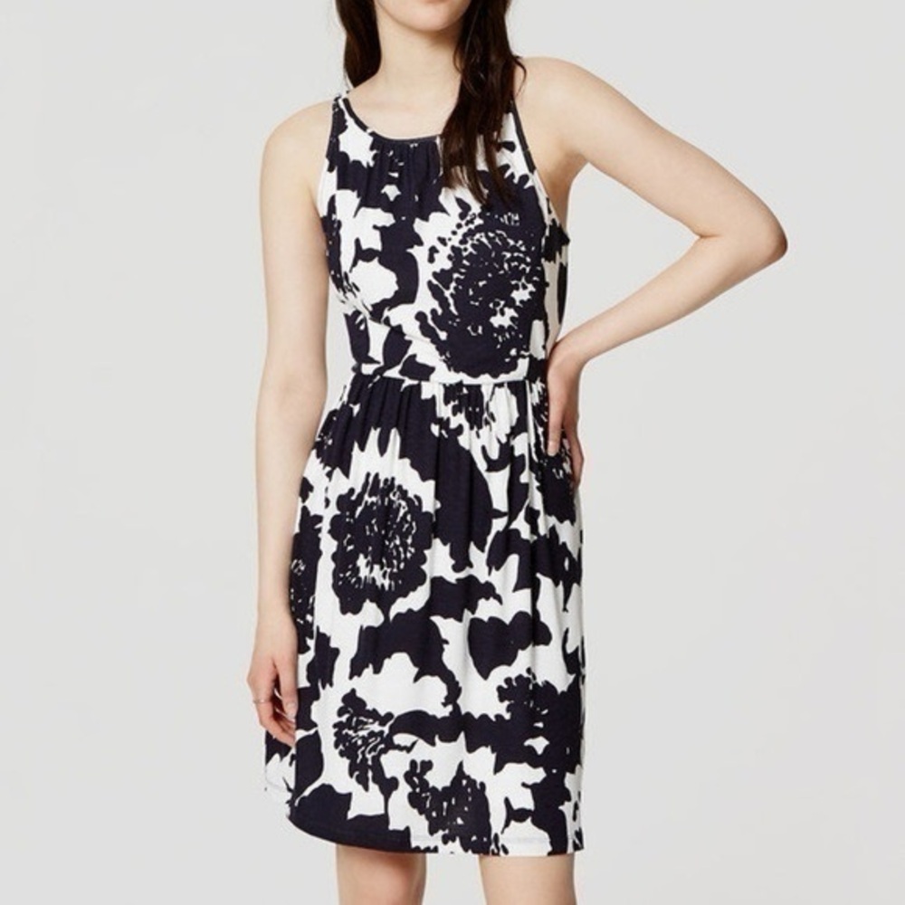 LOFT Navy White Floral Print Tank Dress Small